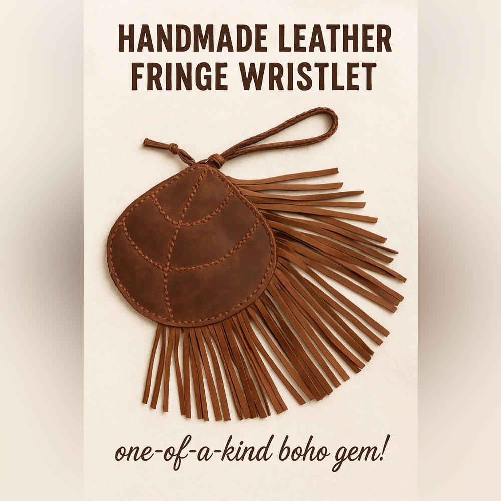 Handmade Boho Brown Leather Fringe
Wristlet Bag - Rustic Leaf